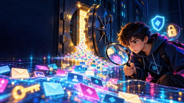 情報漏洩（data breach）のイメージ。半分開いた金庫のような扉からデータが水のように漏れ出し、学生が虫めがねで調べている