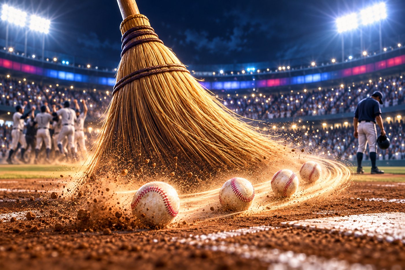 巨大なほうきが4つの野球ボールを掃き出す、4連勝・4連敗を表す sweep のイメージ