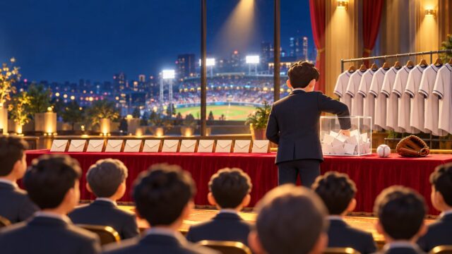 ドラフトは英語で？を解説するイメージ。野球場を背景に、封筒やくじ、ユニフォームのシャツが並ぶ指名の日の会場