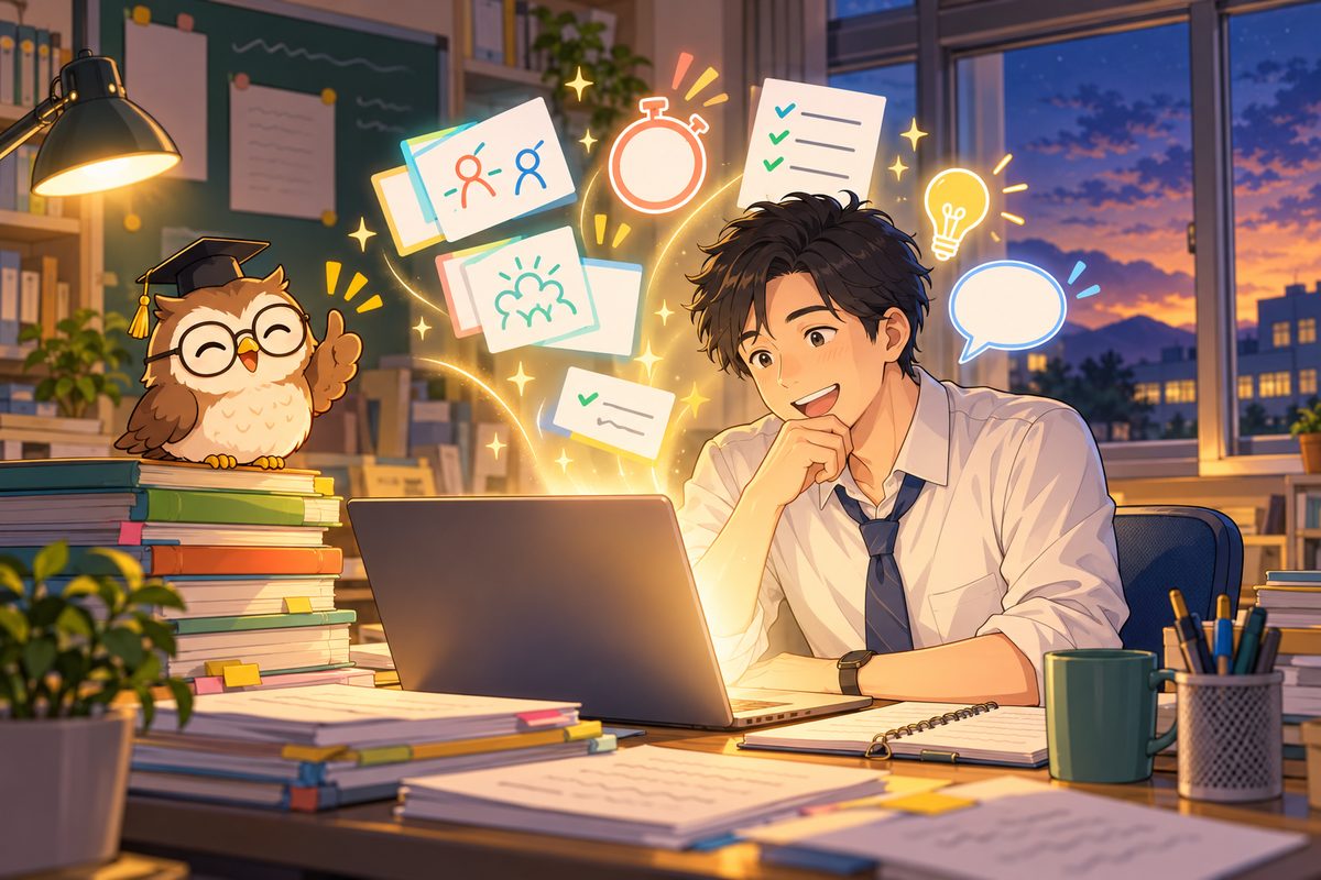 夜の職員室で、ノートパソコンから授業のアイデアが光って飛び出し、英語の先生の表情が明るくなるイラスト