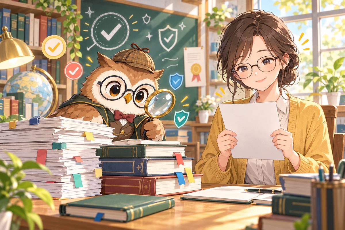 虫めがねで論文の山を調べるフクロウの博士と、資料を両手で持って読みながらうなずく先生のイラスト