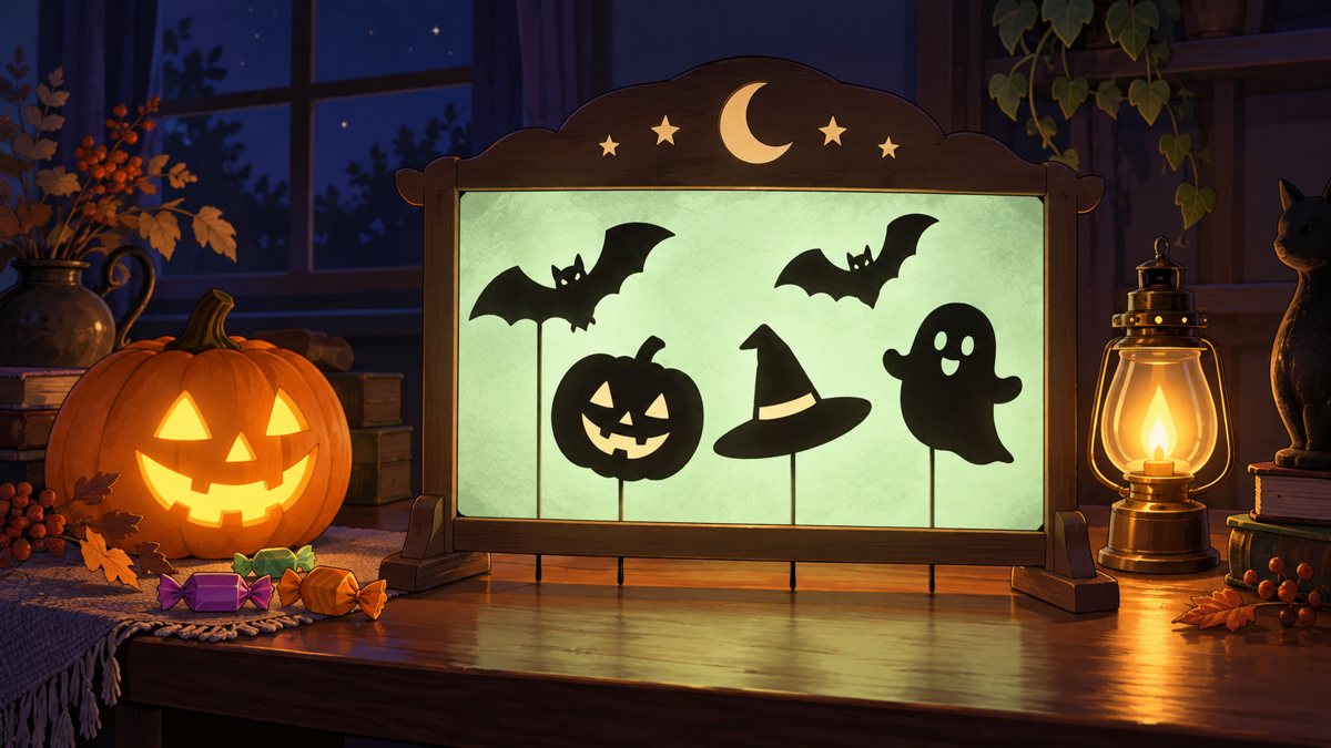 ハロウィンの夜、緑に光る小さな影絵の舞台。スクリーンにコウモリ・カボチャ・魔女の帽子・おばけの影が映るイラスト