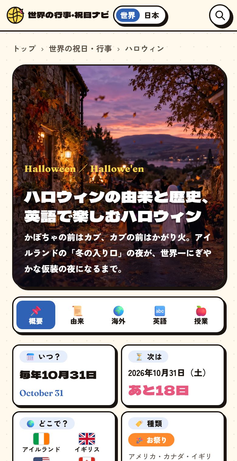 ハロウィンのページの上部。日付とタブ