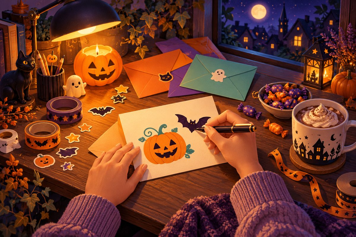 夜の机で、かぼちゃとコウモリの絵をかいたハロウィンカードをペンで書いている手もと。封筒、シール、キャンディ、ココア