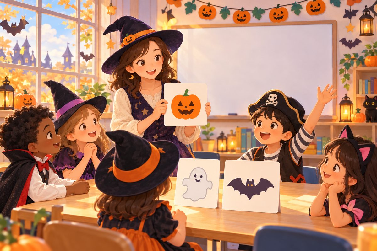 ハロウィンの飾りつけをした明るい教室で、先生と仮装の帽子をかぶった子どもたちが、かぼちゃ・おばけ・コウモリの絵カードで英語のゲームをしている