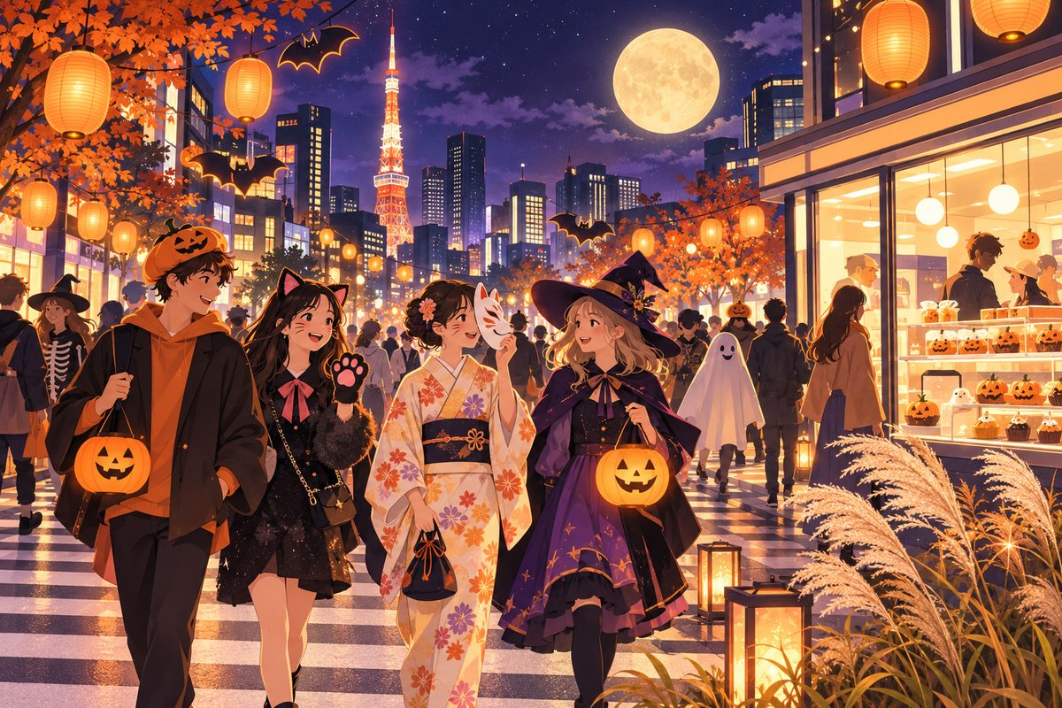 夜の東京の交差点で、猫耳・魔女・着物とキツネのお面などの仮装をして歩く人たち。オレンジ色のちょうちんと満月、すすきの影