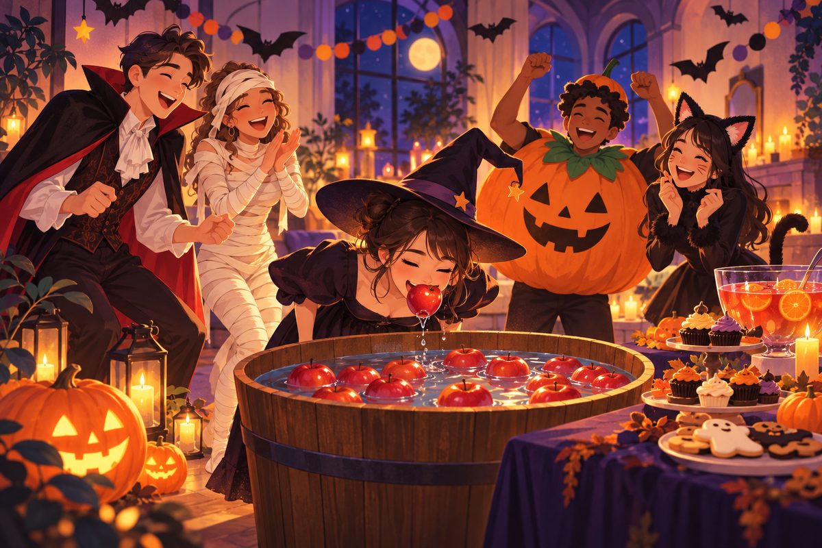仮装した友だちが集まるハロウィンパーティー。水を張った大きなたらいから口だけでリンゴをくわえる遊びをしている人と、笑い合う仲間たち