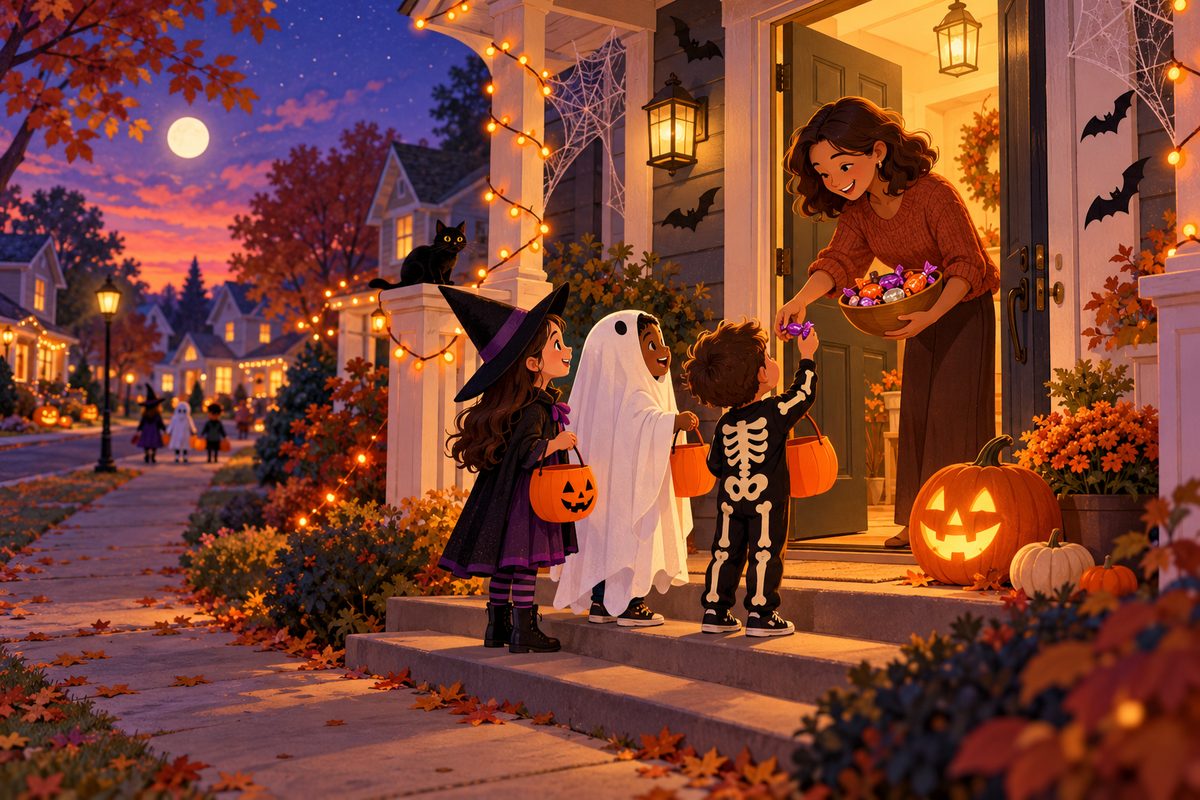 ハロウィンの夕暮れ、玄関の明かりがついた家で、魔女・おばけ・ガイコツの仮装をした子どもたちが大人からお菓子をもらっている
