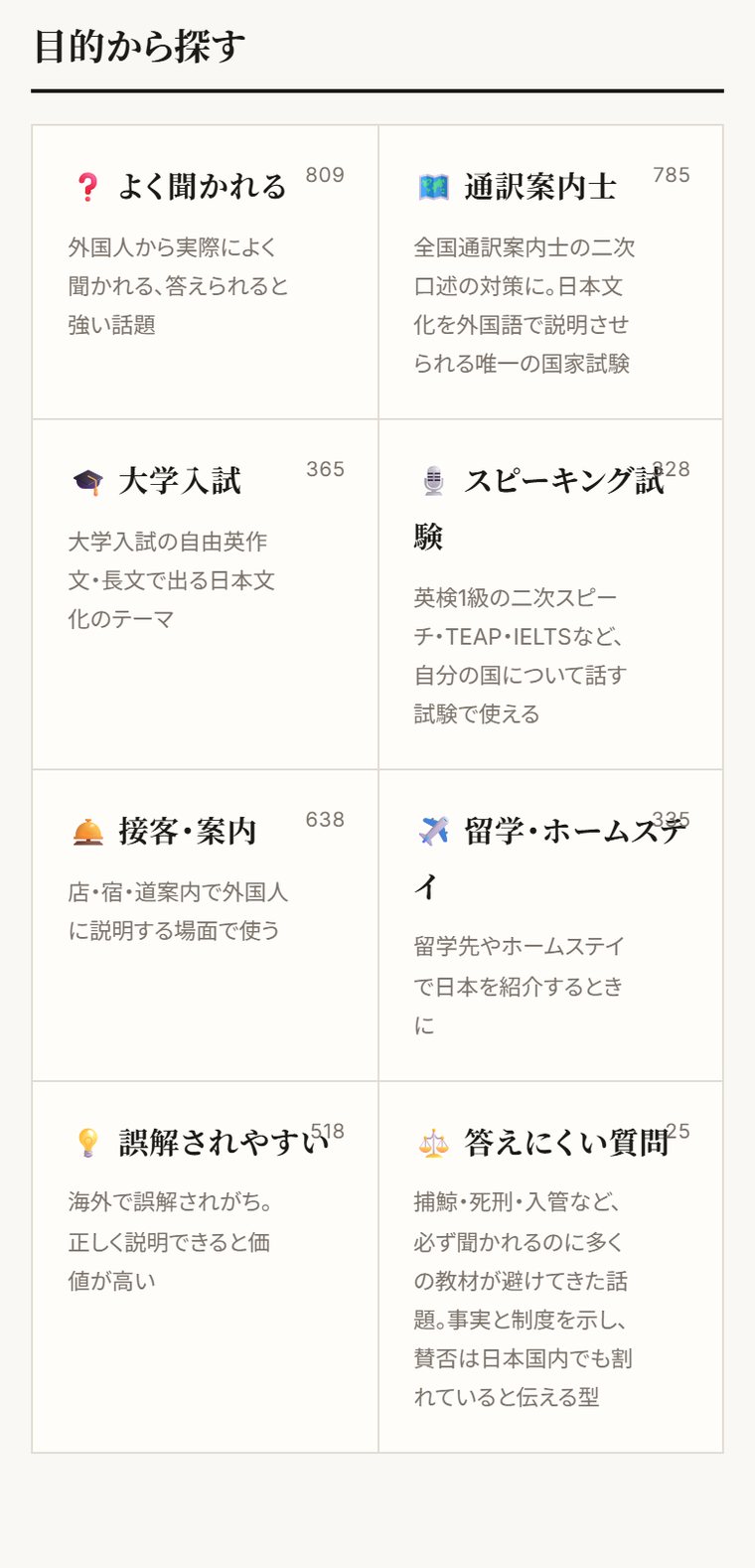 目的から探す(よく聞かれる・通訳案内士・大学入試・スピーキング試験など)