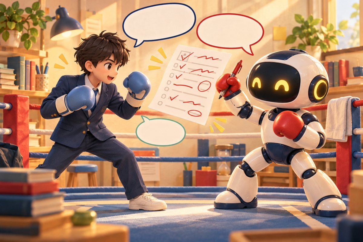AIロボットのコーチと英作文の書き直しを繰り返す壁打ち練習のイラスト