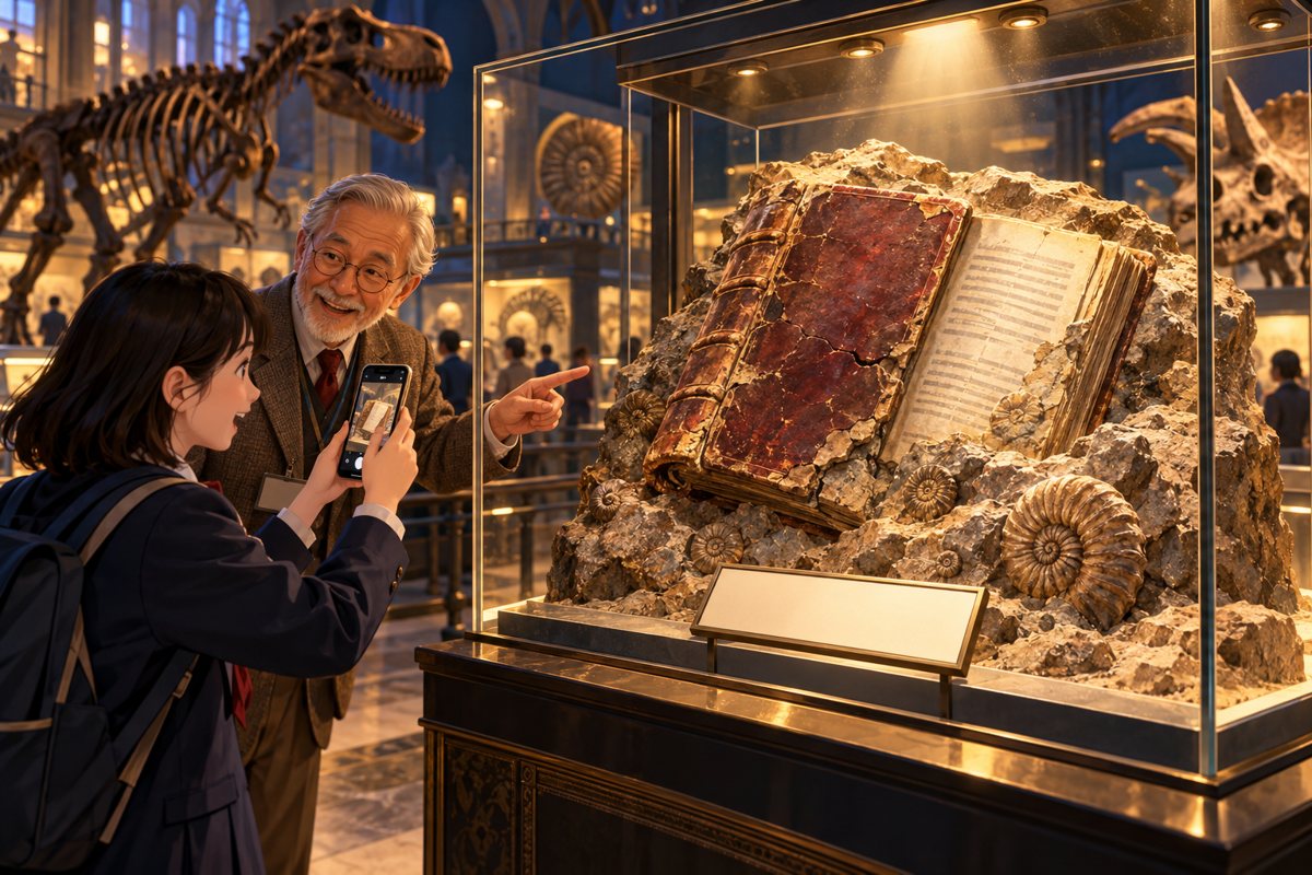 博物館のケースに化石のように展示された古い英文法の参考書と、それをスマホで撮る高校生
