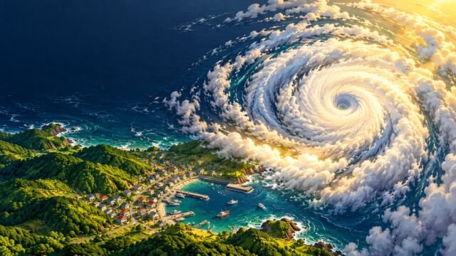 上陸は英語で？を解説するイメージ。海の上から陸地へ近づく大きな台風の渦と、海岸の町