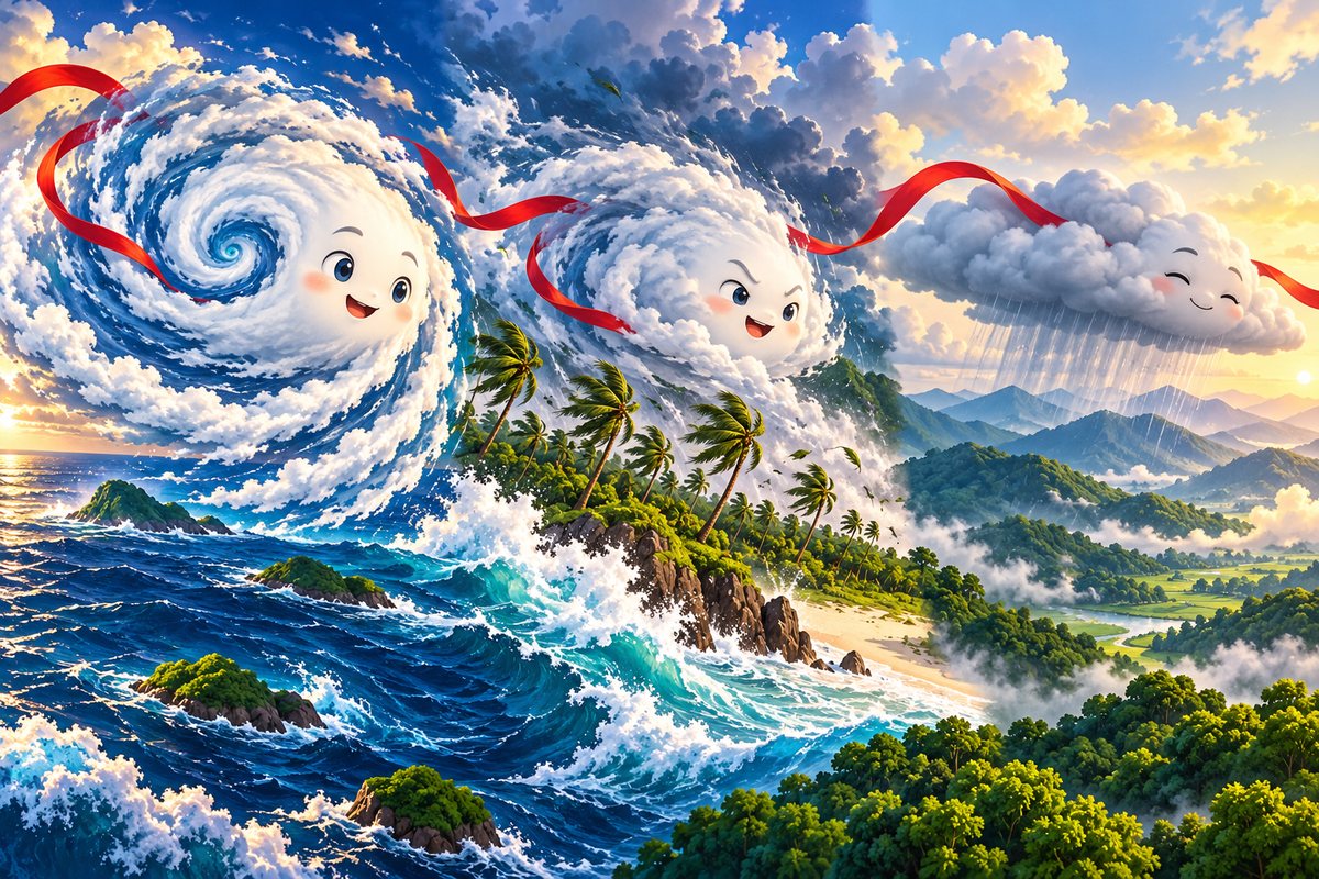 台風が近づく（approach）、上陸する（make landfall）、温帯低気圧に変わる（become an extratropical cyclone）を表すイメージ