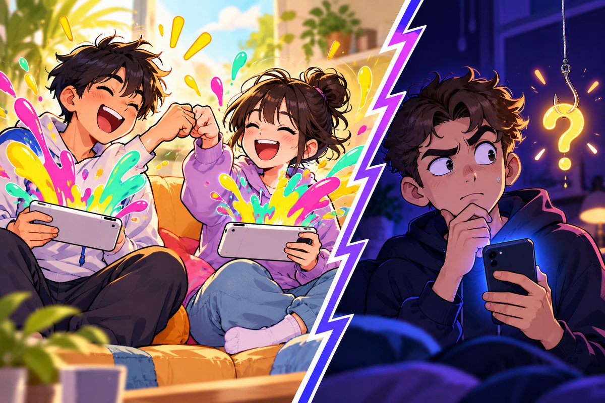 同じ「リグマ」でも意味がちがうイメージ。ゲーム機を持って盛り上がる日本の友だちと、スマホを見て首をかしげる海外の友だち