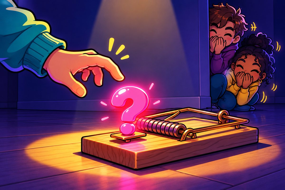 ligmaジョークの仕組みのイメージ。ネズミ捕りのエサになった「?」に手を伸ばす人と、物陰で笑いをこらえる友だち