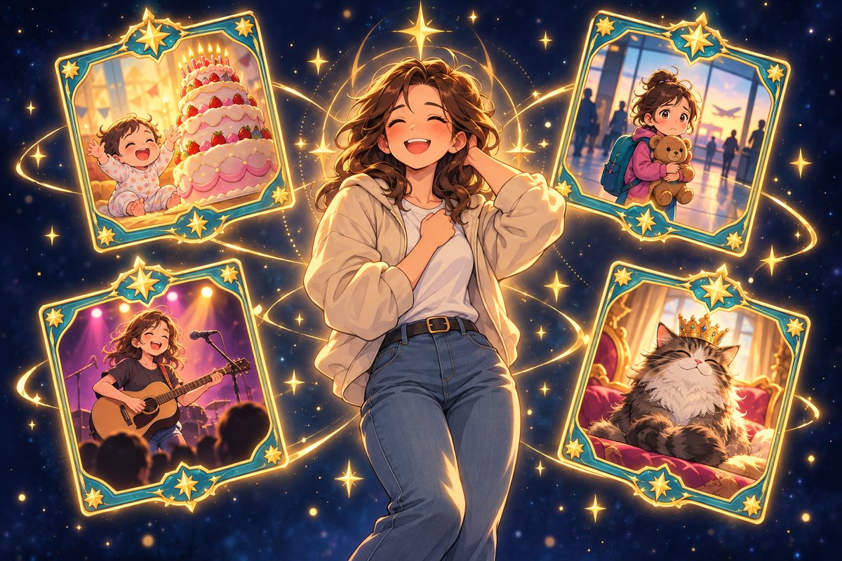 自分のloreカードのイメージ。過去のエピソードの絵が入った金色のカードに囲まれて、照れながら笑う若者