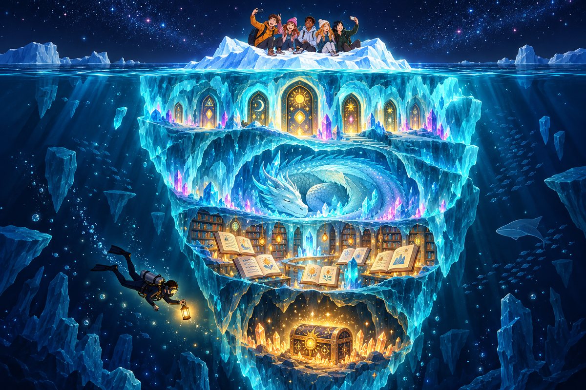 deep loreのイメージ。海に浮かぶ巨大な氷山の下へ潜るほど、古い扉や眠る竜、隠された図書室が現れる