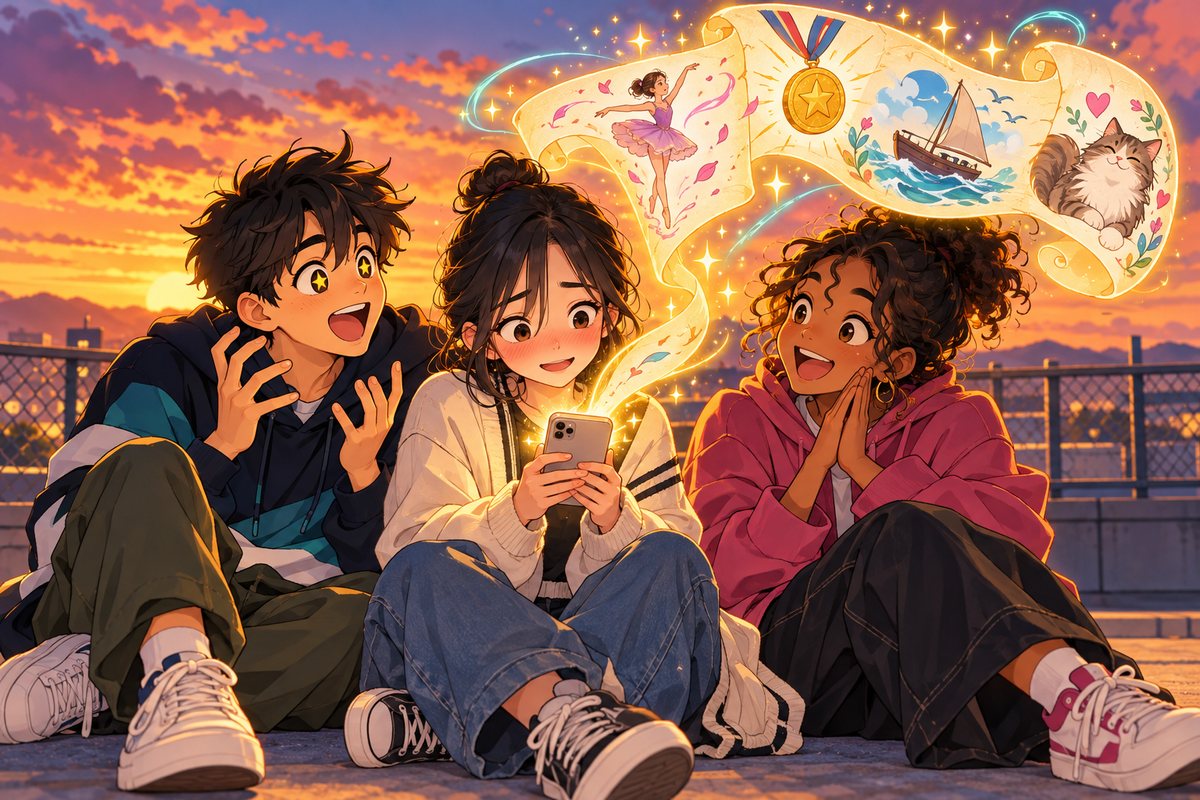 New lore just droppedのイメージ。屋上でスマホを見せる友だちから意外な過去の絵巻が飛び出し、2人の友だちが驚いて盛り上がる