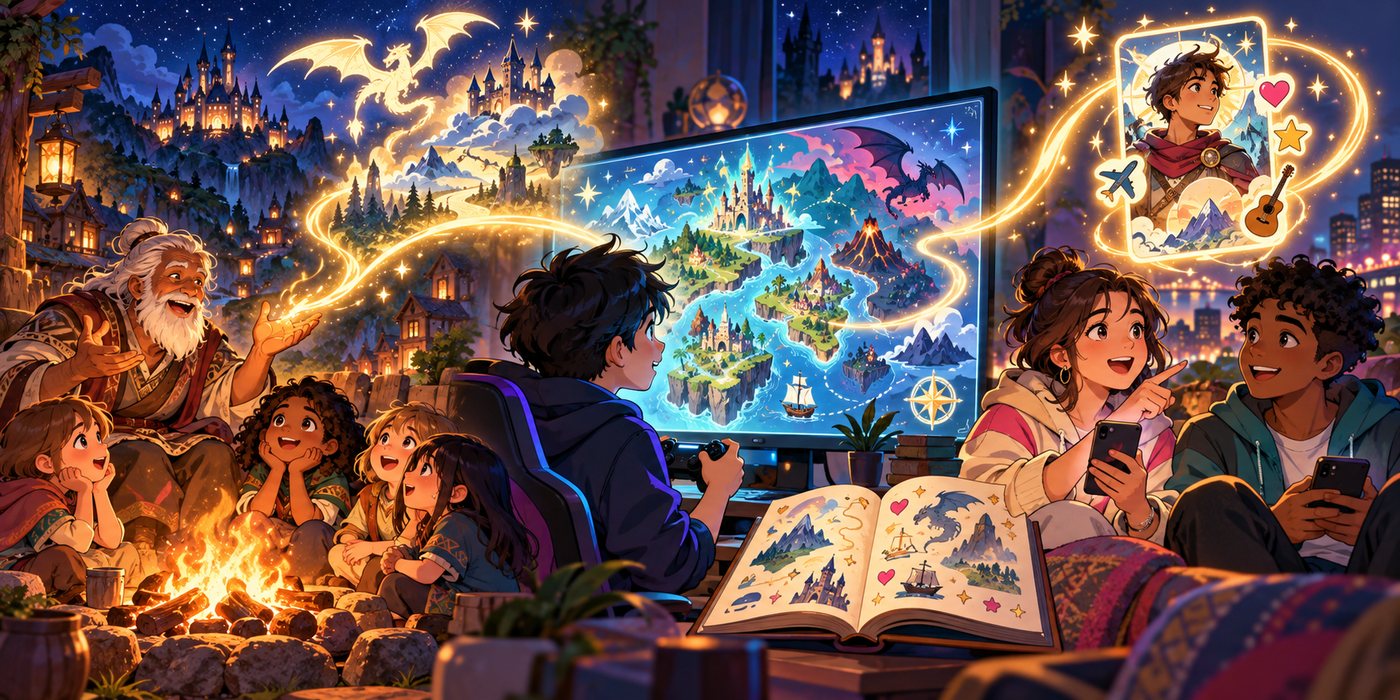 loreの意味の移り変わりのイメージ。たき火で昔話を語るお年寄り、ゲームの世界地図を見る子ども、友だちの頭上に浮かぶキャラクターカード