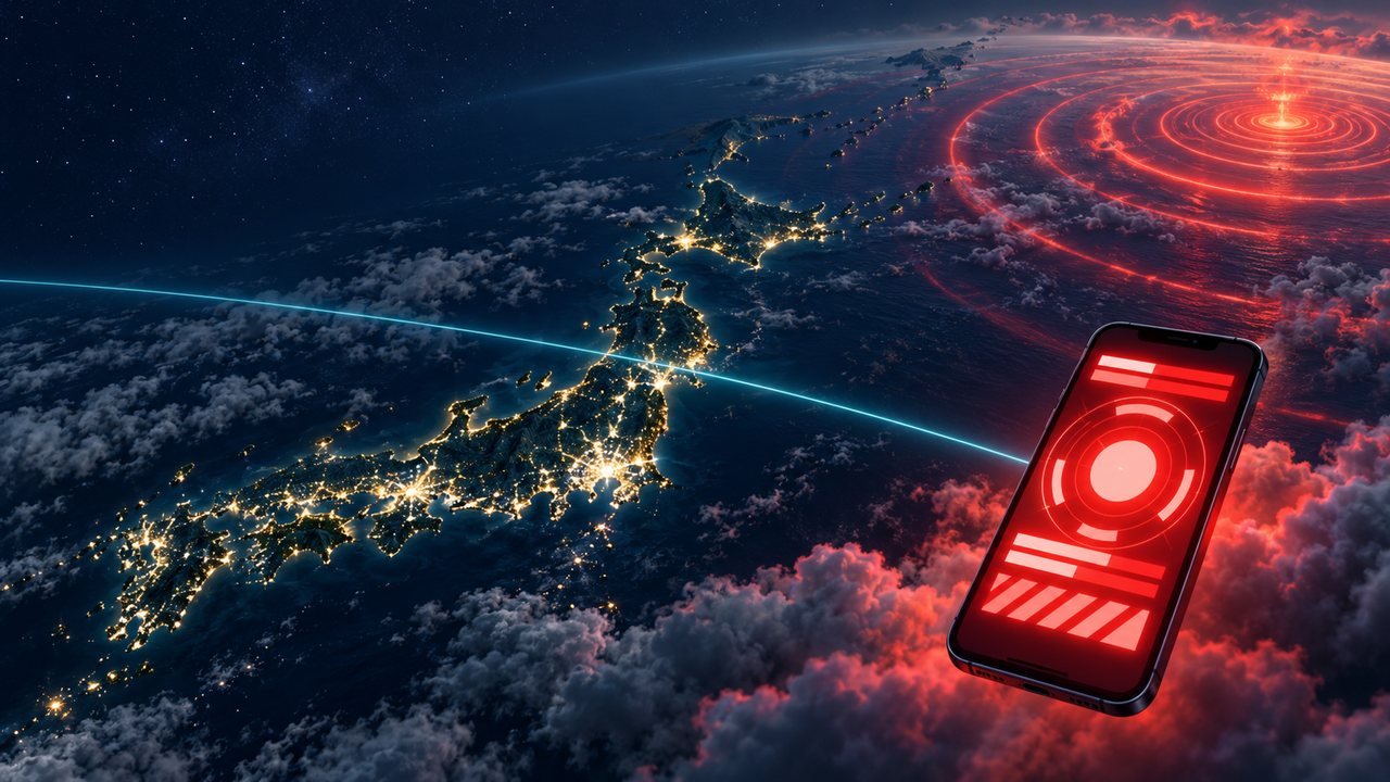 マグニチュード9.9の緊急地震速報（誤報）のイメージ。夜の日本列島に北東の海から赤い地震波が広がり、スマホに警報が光る