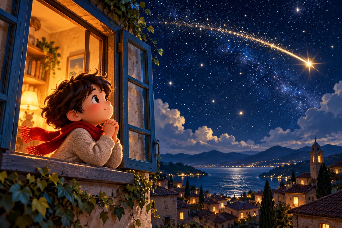 流れ星に願いごとをするイメージ。窓辺で手を合わせる子どものシルエットの向こうを、流れ星が横切っている