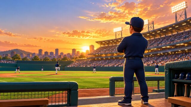 監督は英語で？を解説するイメージ。夕暮れの野球場のベンチ前に立つ監督の後ろ姿と、グラウンドを見つめる選手たち