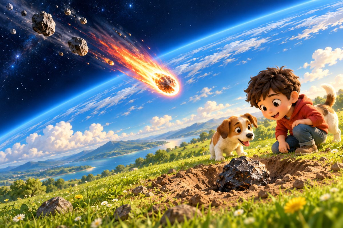 meteoroid・meteor・meteorite の違いのイメージ。宇宙のちりが大気に入って光り、燃え残った石が地面に落ちている