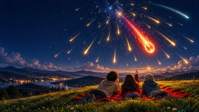流星群は英語で？を解説するイメージ。星空の下、丘の上で寝ころんだ人たちの頭上に、たくさんの流れ星が雨のように降っている