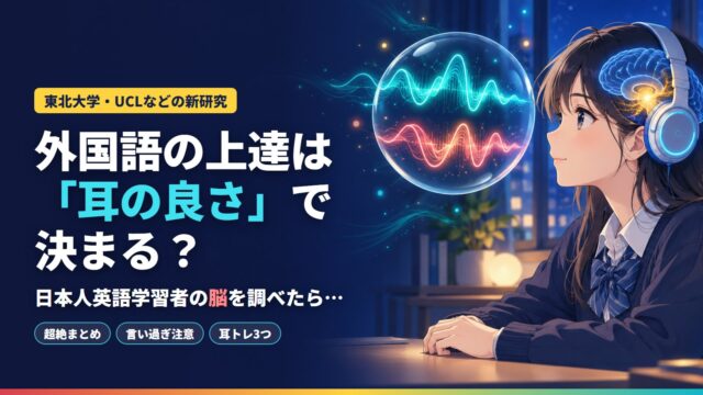 外国語の上達は「耳の良さ」で決まる？英語耳・語学の才能と聴覚の精度の新研究（東北大学・UCLなど）。ヘッドホンをつけた学生が、泡の中に浮かぶ2つの違う音の波を見つめるイラスト