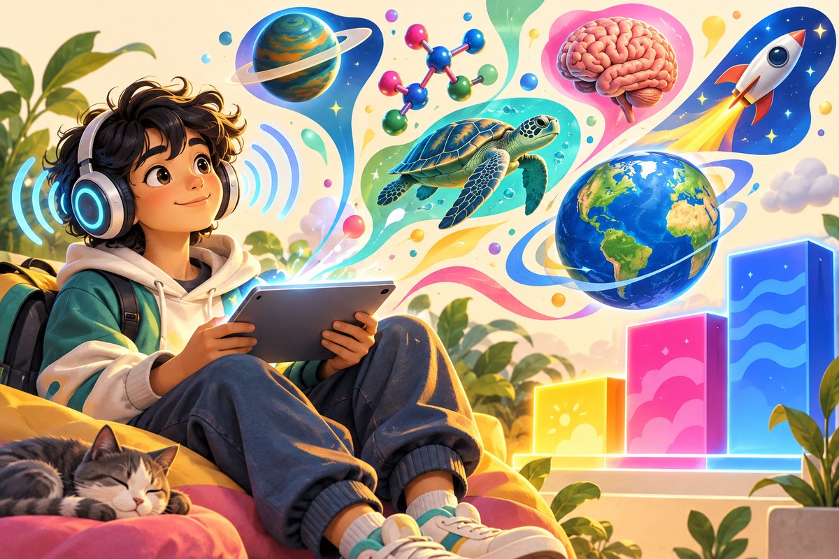 ヘッドホンでタブレットの英文を読む学生と、飛び出す科学のイラスト