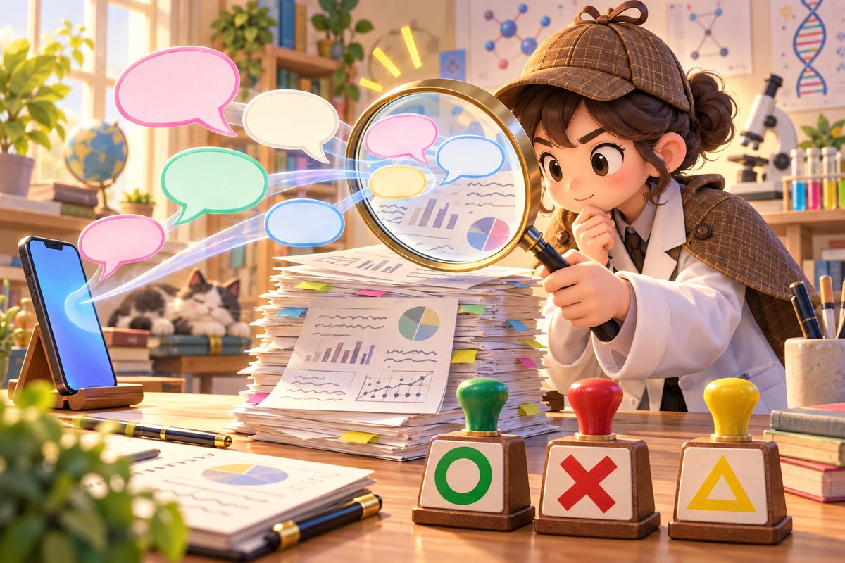 ウワサを虫めがねで調べる科学者探偵と、○×△のスタンプのイラスト