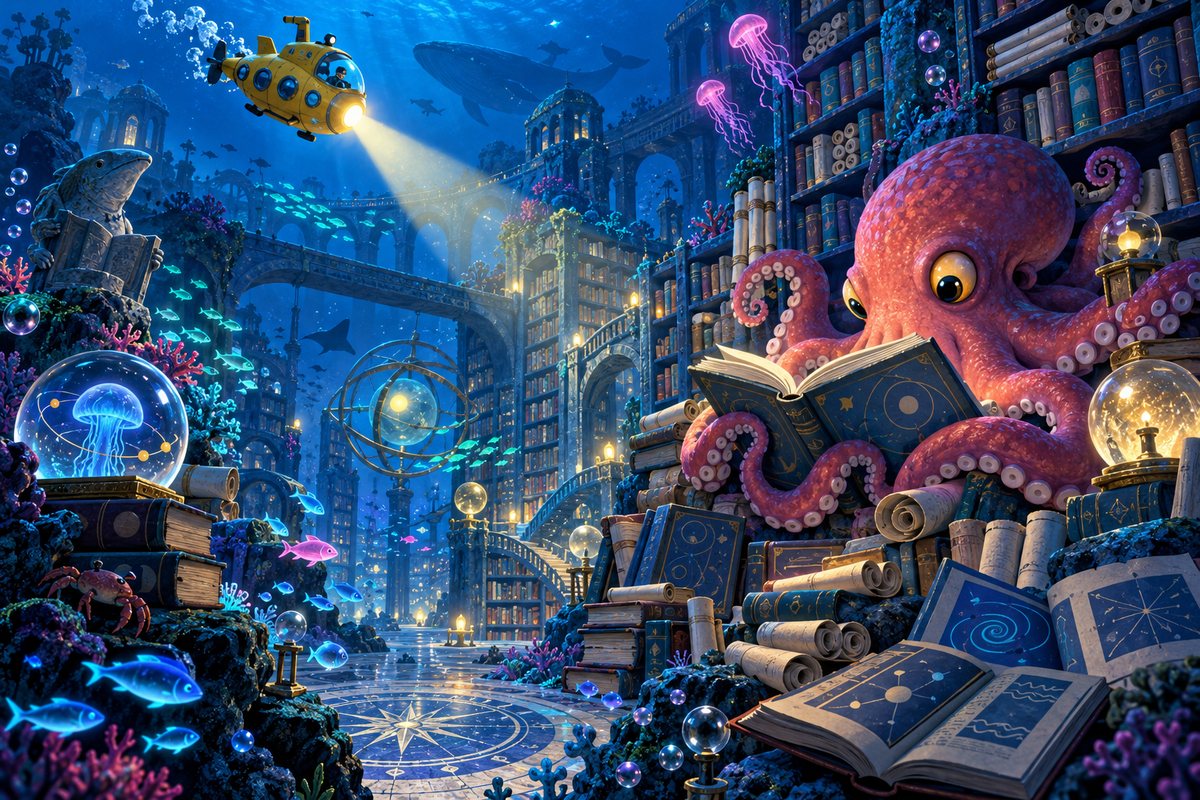 深海の図書館を進む黄色い潜水艦とタコのイラスト