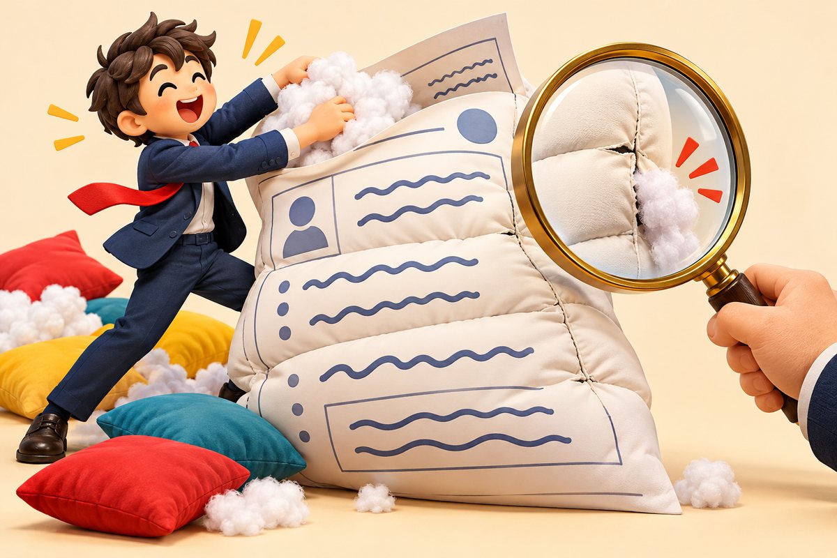 pad one's résumé(経歴を盛る)のイメージ。履歴書に綿を詰めてふくらませる人を、虫めがねがチェックしている