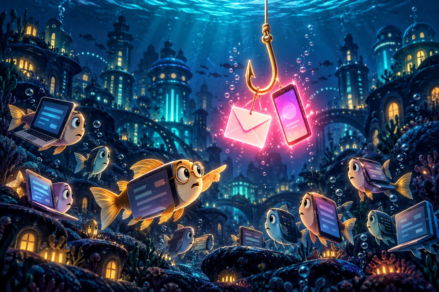 フィッシング(phishing)のイメージ。釣り針にメールとスマホのエサがぶら下がり、スマホの形の魚たちが警戒している