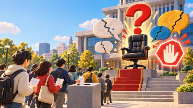 パワハラは英語で？を解説するイメージ。市役所の前で、大きな吹き出しと「？」マークに囲まれた市長の椅子と、投票箱が並んでいる