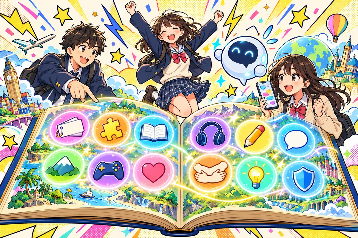 大きな図鑑から英語学習のアイコンが光って飛び出し、高校生たちがわくわくしながら探検するイラスト