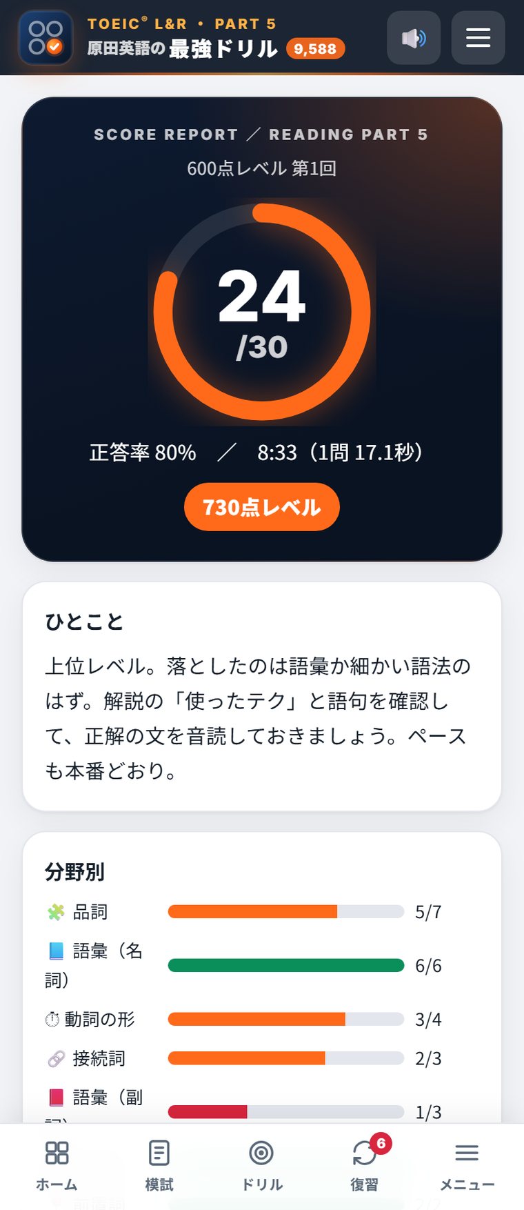 模試の採点画面（スコアとレベル判定）
