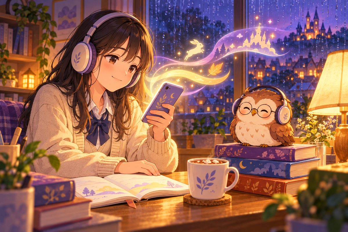 ヘッドホンでスマホの英語の物語を聞き読みする高校生と、本の上で一緒に聞くフクロウのイラスト