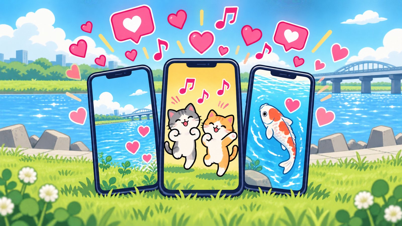 ショート動画アプリで多摩川の曲が流行しているイメージイラスト