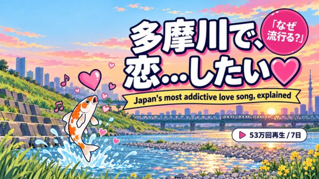 「多摩川で、恋...したい♡」が流行る理由を解説（多摩川から跳ねる鯉とハートのイラスト）