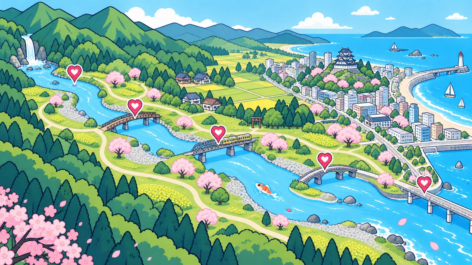 多摩川の聖地巡礼マップのイメージイラスト