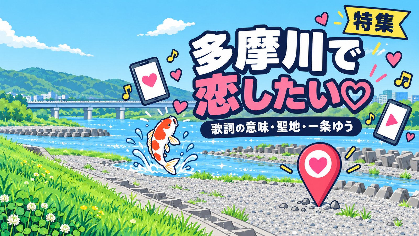 多摩川で恋したい特集（多摩川の河原と、ハートと跳ねる鯉のイラスト）