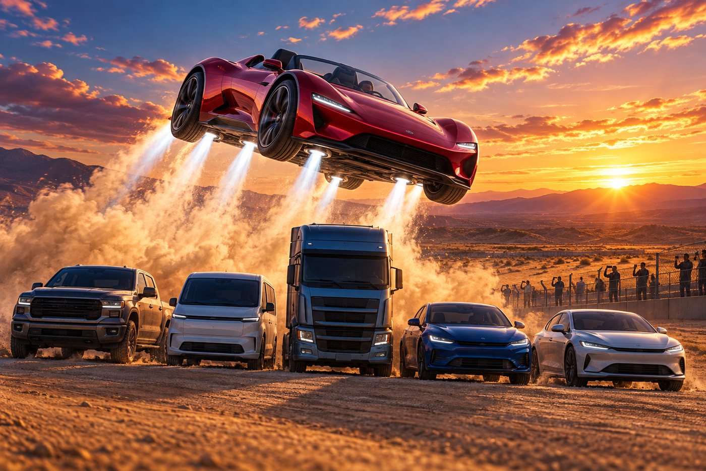 赤いスポーツカーが圧縮空気を噴き出しながら並んだ車の上を飛び越えるイメージ(falling with style)