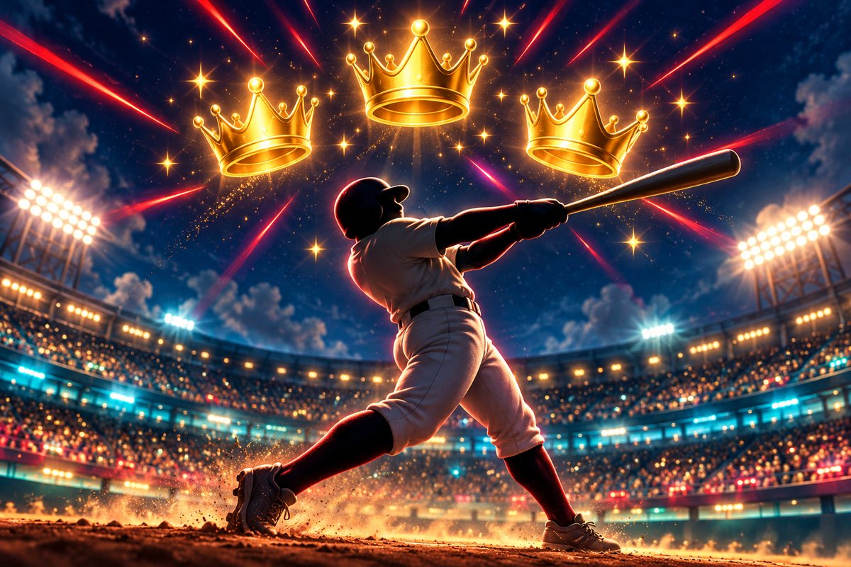 Triple Crown（三冠王）のイメージ。バットを持った野球選手のシルエットの頭上に、3つの王冠が輝いている