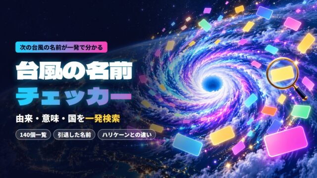 台風の名前チェッカーのアイキャッチ。宇宙から見た巨大な台風の渦から、色とりどりの名札が飛び出している