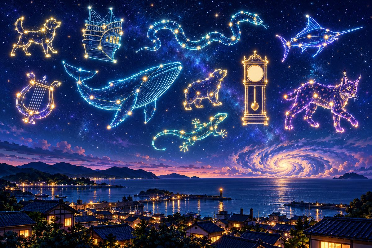 夜空に浮かぶこいぬ座・とも座・へび座・かじき座・こと座・くじら座・こぐま座・とけい座・とかげ座・やまねこ座の星座のイラスト