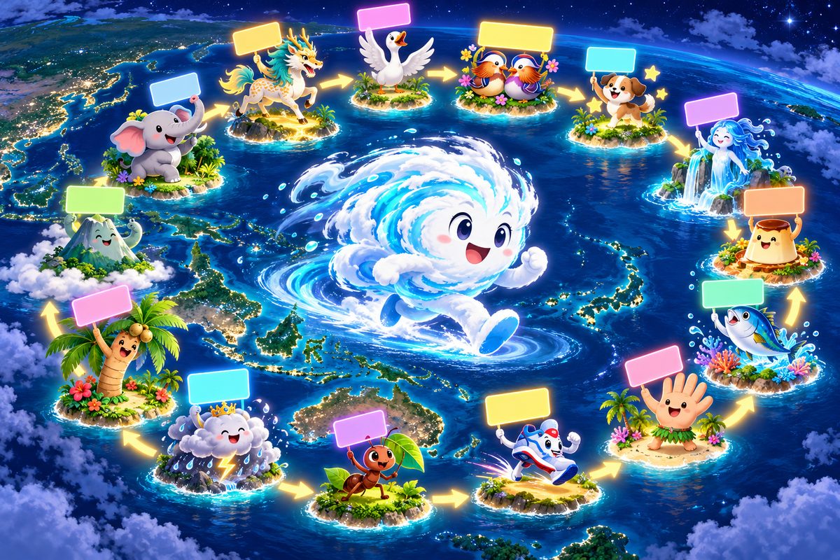 14の国と地域の名前を順番にリレーする台風のキャラクターのイラスト