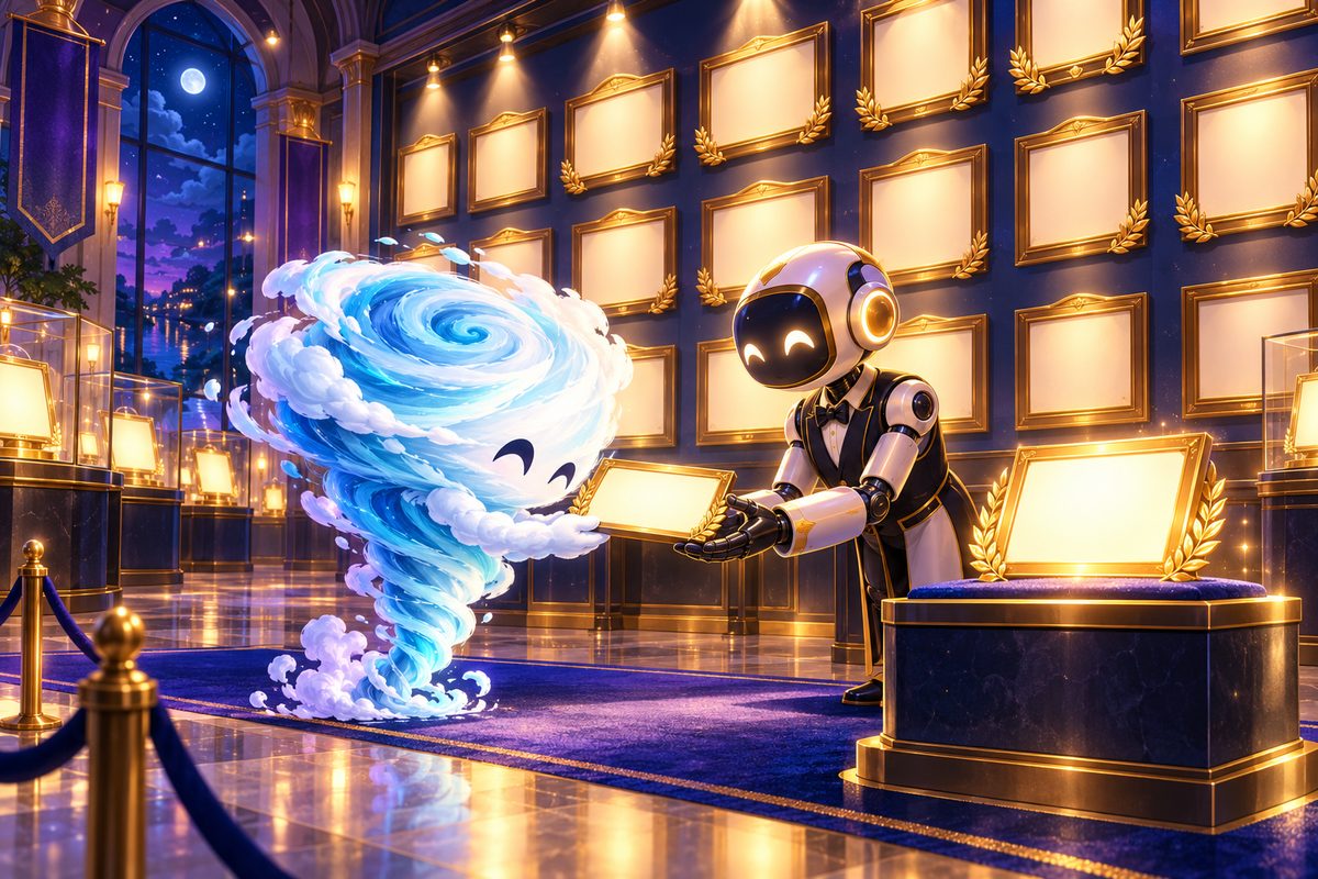 台風のキャラクターが名前のプレートを博物館のロボットに手渡し、引退した名前が壁に飾られているイラスト