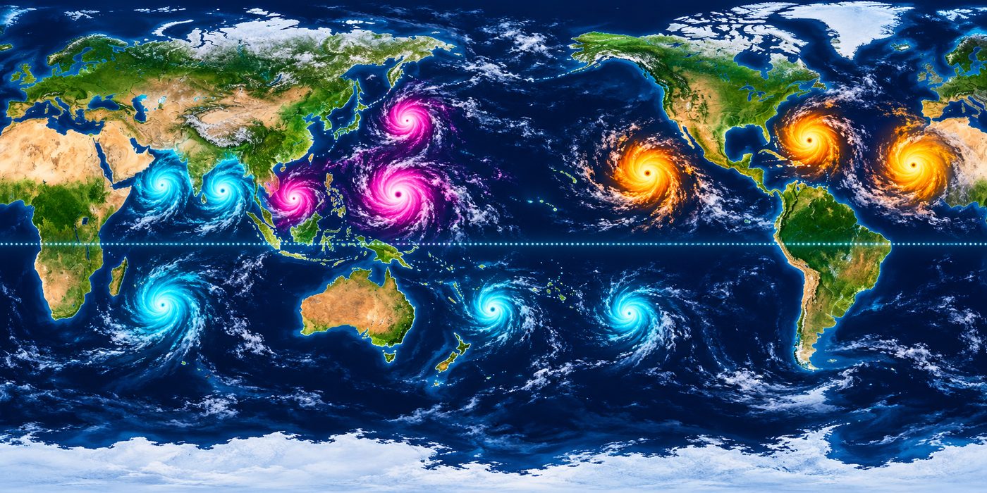 世界地図に、北西太平洋の台風（ピンク）、大西洋と北東太平洋のハリケーン（オレンジ）、インド洋と南太平洋のサイクロン（水色）を色分けしたイラスト
