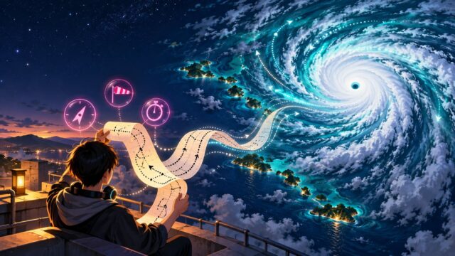 台風30号を米軍の英語の予報で読み解くイメージ。宇宙から見た巨大な台風と、屋上で予報の紙テープを読む学生